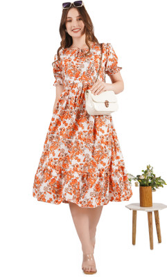 AKSHA CREATION Women Fit and Flare Orange Midi/Calf Length Dress