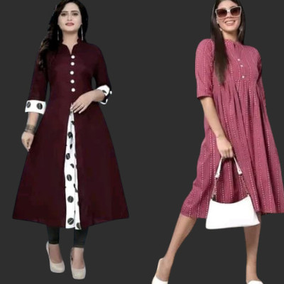 Suhani Creationnm Women Striped, Printed Straight Kurta(Red, Maroon)