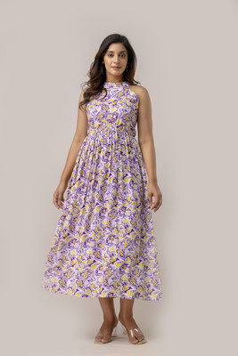 SHANGUL Women Fit and Flare Multicolor Midi/Calf Length Dress