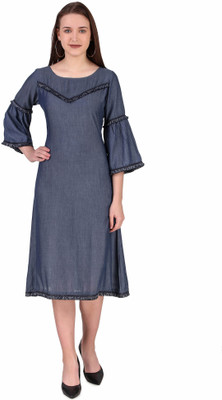 pose india Women A-line Blue Below Knee Dress