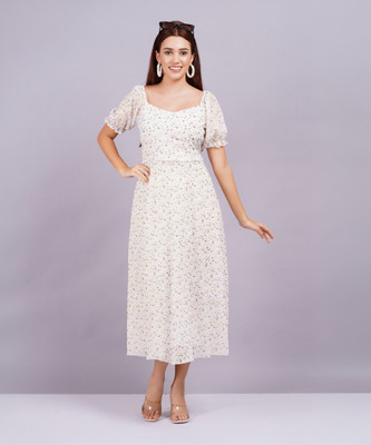 Highlight fashion export Women Fit and Flare White Midi/Calf Length Dress
