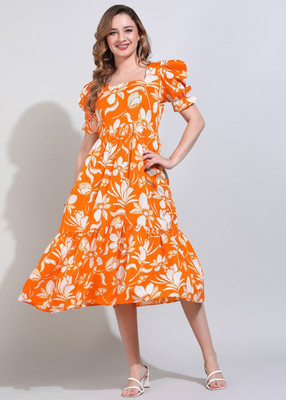 DEHITAFASHION Women Fit and Flare Orange Midi/Calf Length Dress