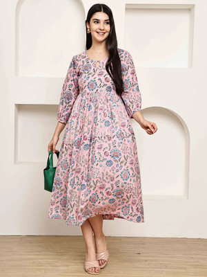 Wonder Weaves Women A-line Pink Midi/Calf Length Dress