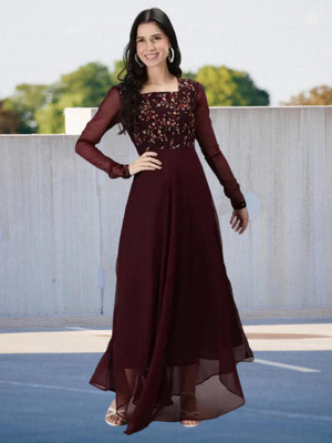 The Leady Designer Women Fit and Flare Maroon Maxi/Full Length Dress