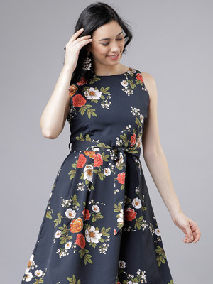 Tokyo Talkies Women Fit and Flare Black Knee Length Dress