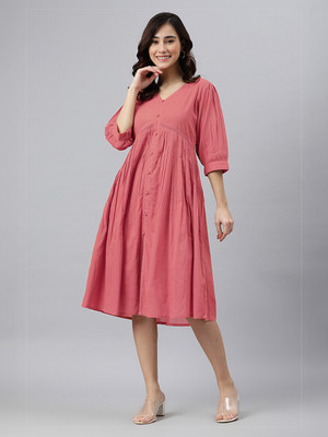 Janasya Women Fit and Flare Pink Midi/Calf Length Dress