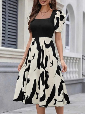 HouseOfCommon Women Fit and Flare Beige, Black Knee Length Dress