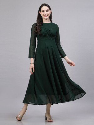 AAYU Women Fit and Flare Green Maxi/Full Length Dress