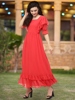 Moda Rapido Women Fit and Flare Red Maxi/Full Length Dress