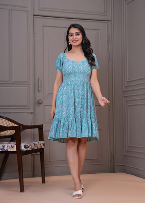 AKSHUNA Women Fit and Flare Blue Above Knee/Mid Thigh Length Dress