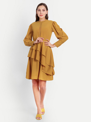 Blushia Women A-line Yellow Above Knee/Mid Thigh Length Dress