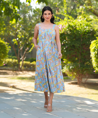 Janasya Women Tiered Light Blue Midi/Calf Length Dress