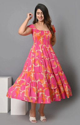 VYMO Women Fit and Flare Multicolor Midi/Calf Length Dress