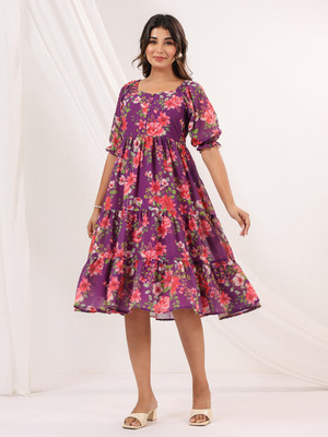 Janasya Women Fit and Flare Purple Midi/Calf Length Dress