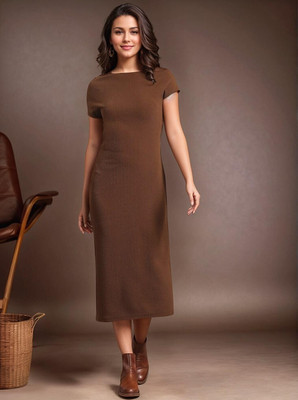 Dwarros Women Sheath Brown Midi/Calf Length Dress