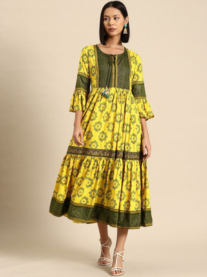 all about you Women A-line Yellow Midi/Calf Length Dress