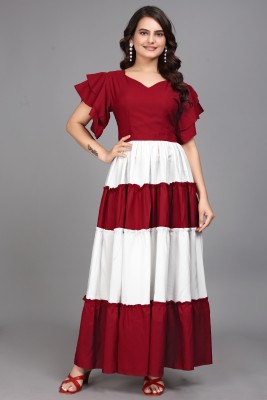 HEMANG FASHION Women Fit and Flare Maroon, White Dress