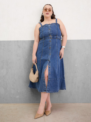 SASSAFRAS Curve Women A-line Dark Blue Below Knee Dress