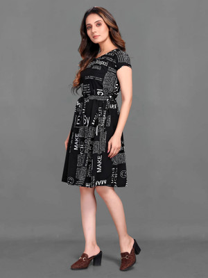Gurudev Fashionn Women Fit and Flare Black Knee Length Dress