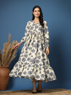 GLAMALUE Women Floral Print Flared Kurta(White)
