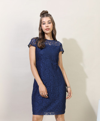 Tokyo Talkies Women Skater Blue Knee Length Dress