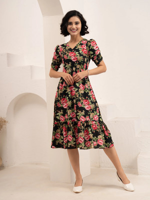AASK Women Fit and Flare Multicolor Midi/Calf Length Dress