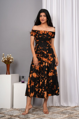 IQRAAR Women Fit and Flare Black Midi/Calf Length Dress