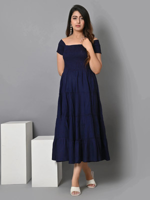 VYMO Women Fit and Flare Dark Blue Midi/Calf Length Dress