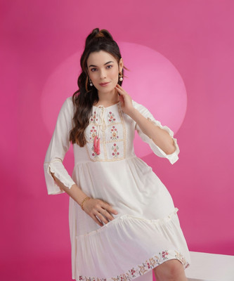 Sangria Women Ethnic Dress White Above Knee/Mid Thigh Length Dress