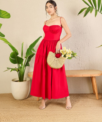 Uptownie Women Fit and Flare Red Midi/Calf Length Dress