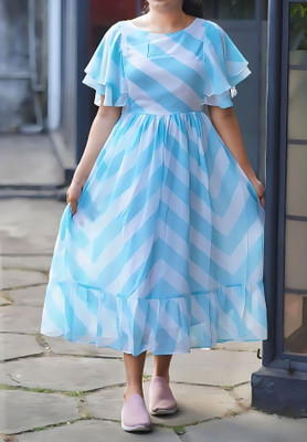 Anjelik Women Fit and Flare Blue Ankle Length Dress