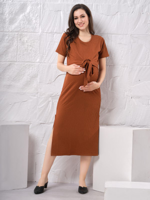 EASYMOM Women Fit and Flare Brown Midi/Calf Length Dress