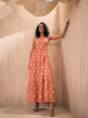 Pink Paprika By SASSAFRAS Women Fit and Flare Orange Maxi/Full Length Dress