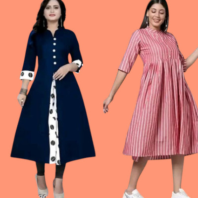 Suhani Creationnm Women Striped A-line Kurta(Blue, Pink)