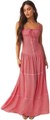 QUINTESSENTIALS Women Cinched Waist Red Maxi/Full Length Dress