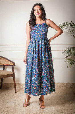 Akaay Stories Women Fit and Flare Blue Maxi/Full Length Dress