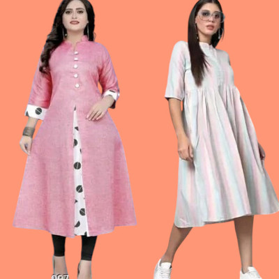 Houseofcommonk Women Printed Anarkali Kurta(Pink, White)