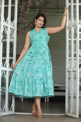 Shree Gurukripa Arts Women A-line Green Midi/Calf Length Dress