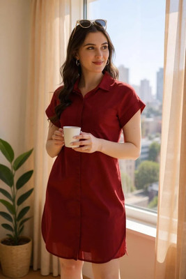 91 HIVE Women Shirt Maroon Above Knee/Mid Thigh Length Dress