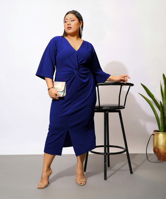 SASSAFRAS Curve Women Bodycon Blue Midi/Calf Length Dress