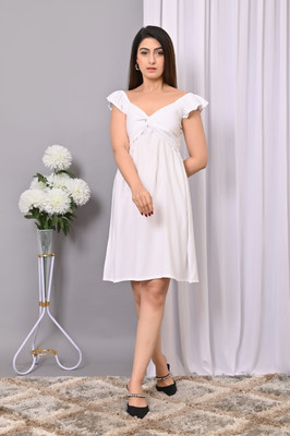 VYMO Women Fit and Flare White Above Knee/Mid Thigh Length Dress