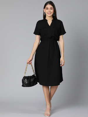OXOLLOXO Women A-line Black Below Knee Dress