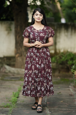 HouseOfCommon Women Fit and Flare Purple Midi/Calf Length Dress