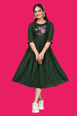 DICHIKA Fashion Women Fit and Flare Green Below Knee Dress