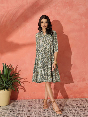 Demirner Women Fit and Flare Green Knee Length Dress