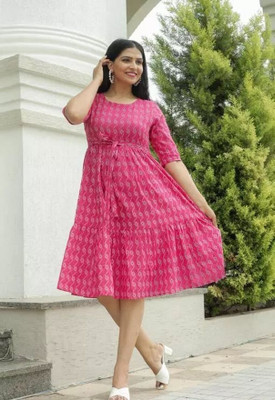 HouseOfCommon Women A-line Pink, White Midi/Calf Length Dress
