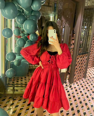 ZARVEY Women Fit and Flare Red Above Knee/Mid Thigh Length Dress