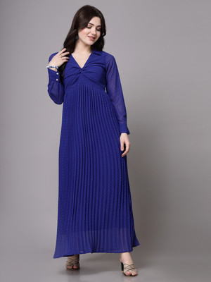 AAYU Women Fit and Flare Blue Maxi/Full Length Dress