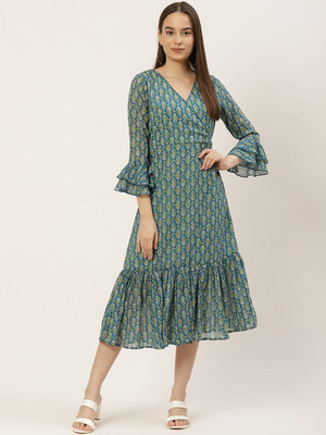 CHEMISTRY Women Fit and Flare Blue Midi/Calf Length Dress
