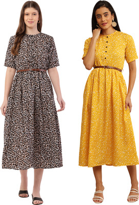 Miranga Women Fit and Flare Red, Orange Midi/Calf Length Dress